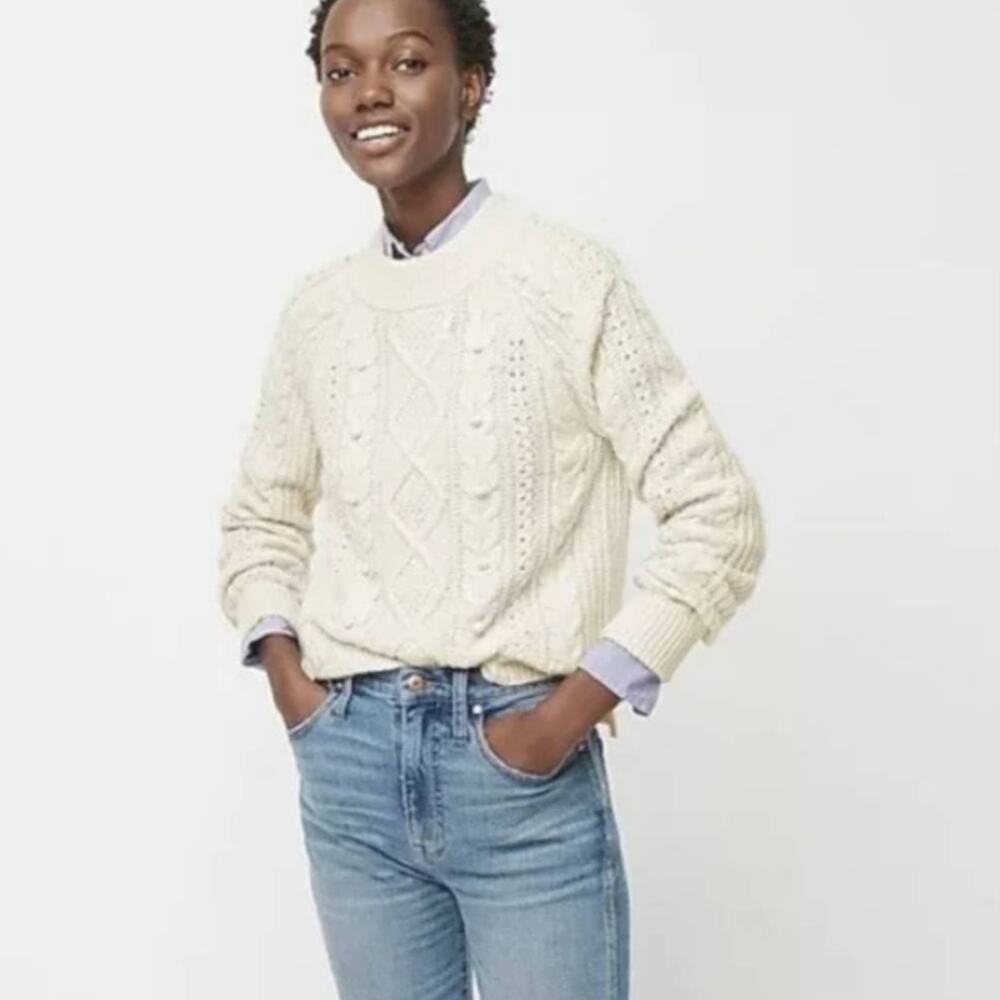 J.Crew | Medium | Cream White Pom Pom Cable Knit Sweater Lambswool Blend - Picture 2 of 8
